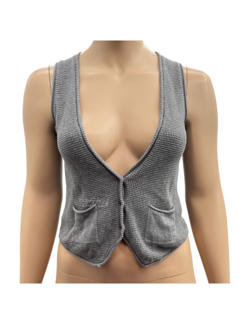 J. Jill Gray Waffle Weave Knit Cotton V-Neck Single Breasted Sweater Vest Small